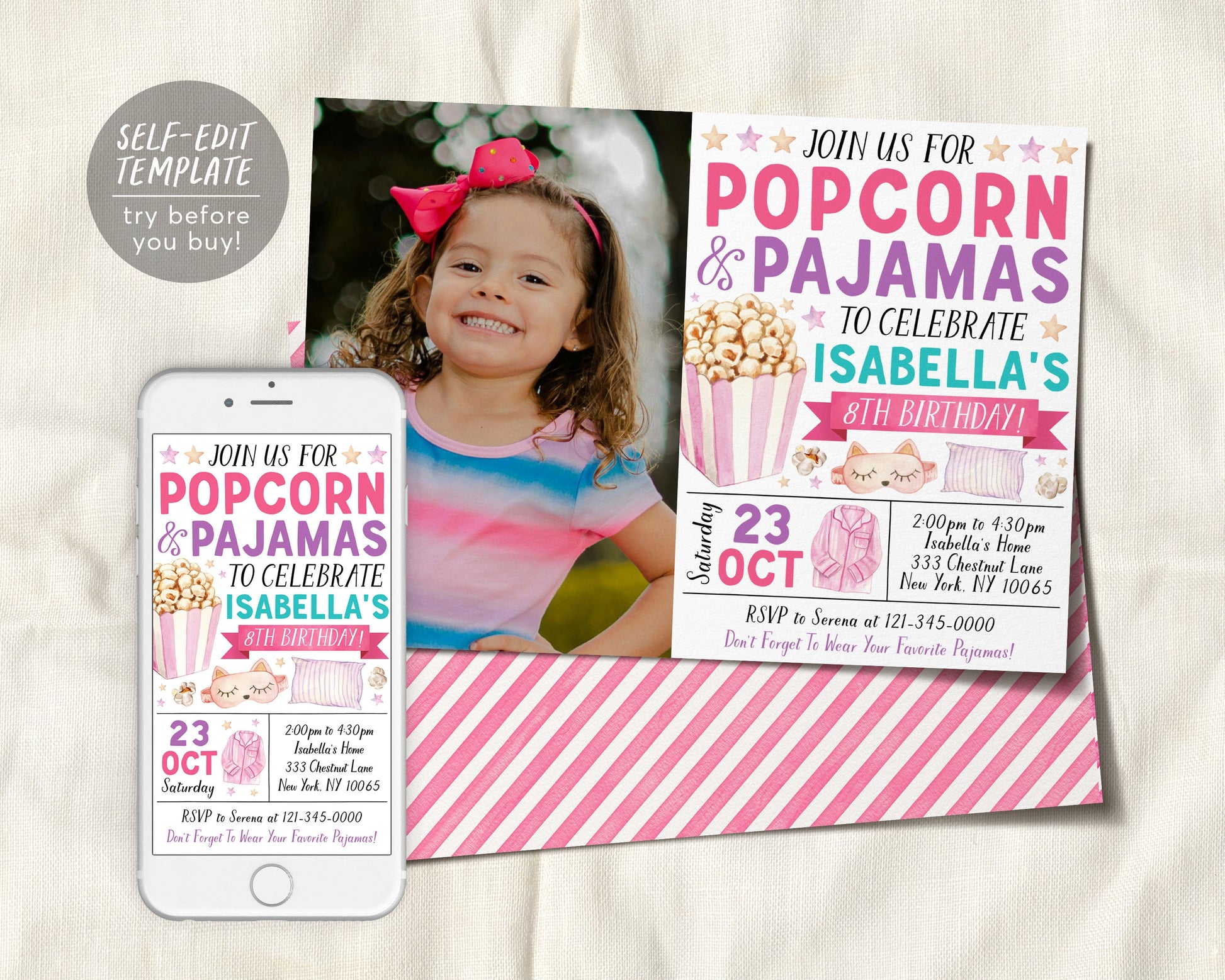 Popcorn and Pajamas Birthday Invitation With Photo Editable Template