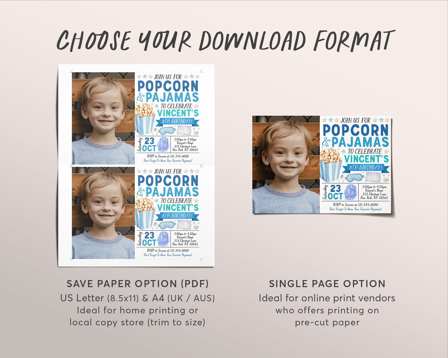 Popcorn and Pajamas Birthday Invitation With Photo Editable Template, Boy Tween Movie Night Party Invite, Kids PJs Slumber Party Evite