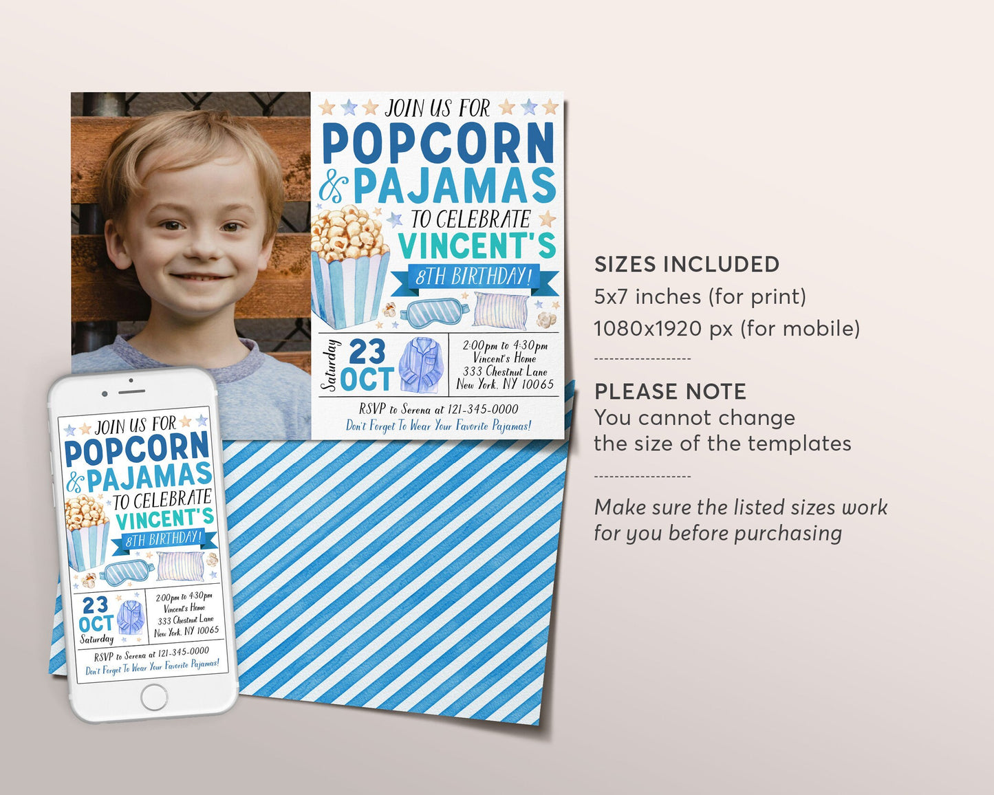 Popcorn and Pajamas Birthday Invitation With Photo Editable Template, Boy Tween Movie Night Party Invite, Kids PJs Slumber Party Evite