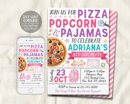 Pizza Popcorn Pajamas Birthday Invitation Editable Template