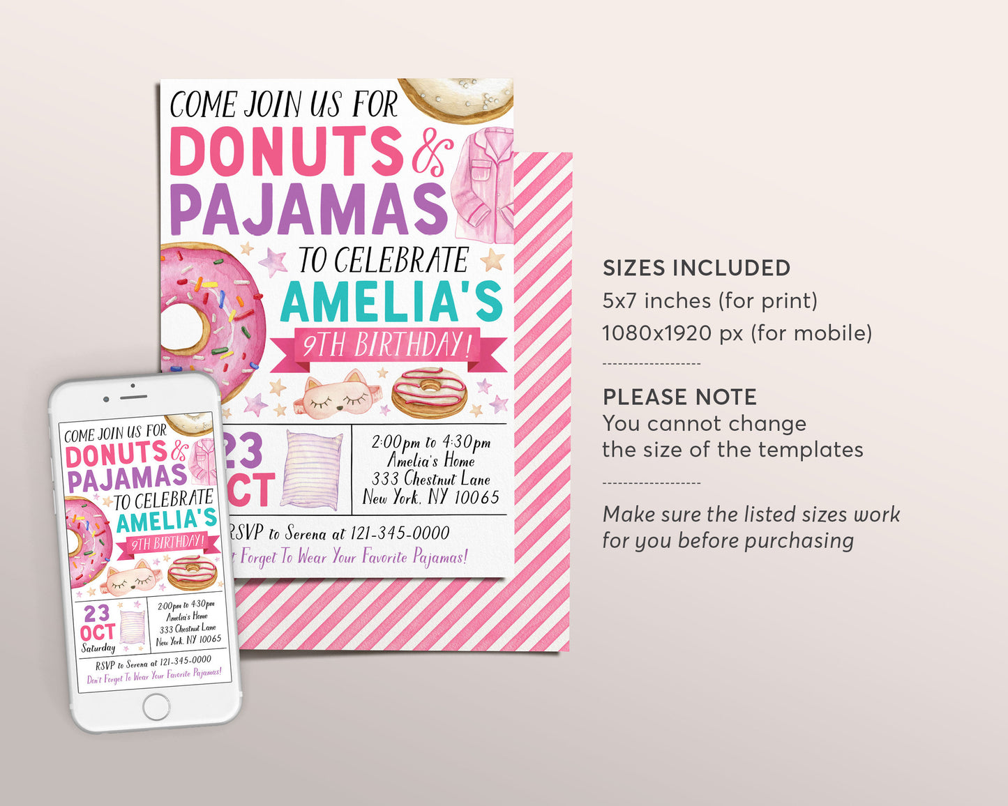 Donuts and Pajamas Birthday Invitation Editable Template, Girl Tween Sprinkles Donut Party Invite, Kids PJs Slumber Party Sleepover Evite