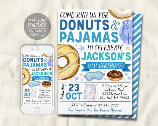 Donuts and Pajamas Birthday Invitation Editable Template