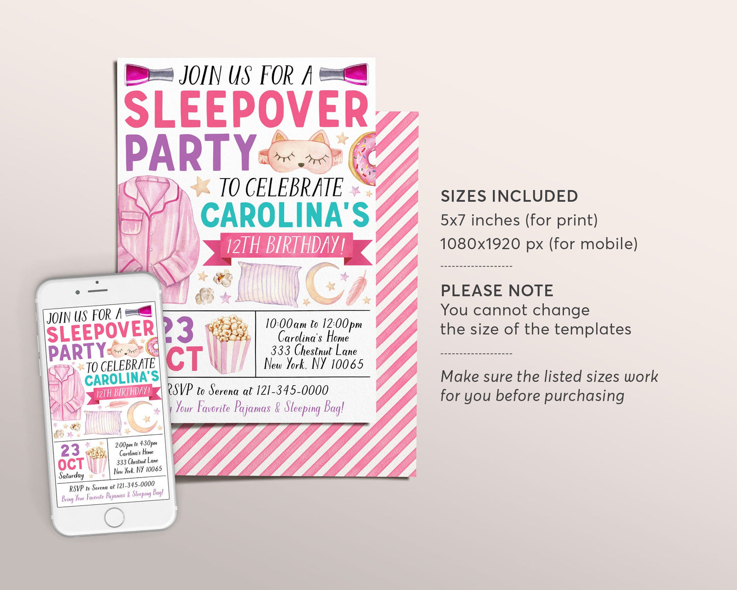 Slumber Party Birthday Invitation Editable Template, Sleepover Party Invite, Kids Girl Tween Teen Pajamas Pamper Spa Party Evite Sleep Over