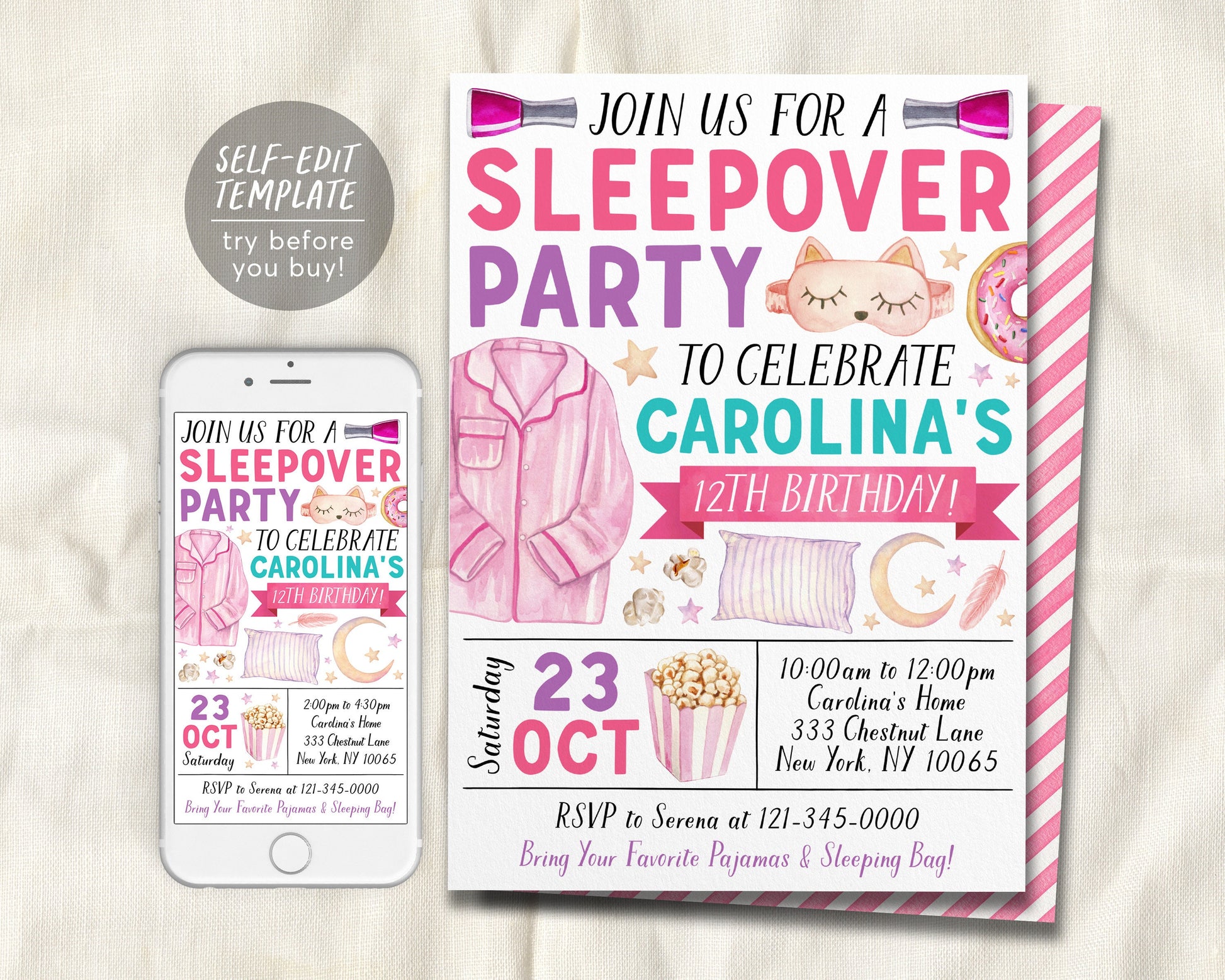 slumber party birthday invitation editable template, sleepover party invite, kids girl tween teen pajamas pamper spa party evite sleep over