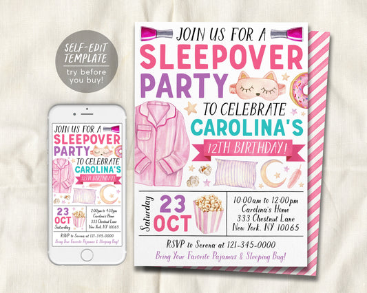 Slumber Party Birthday Invitation Editable Template