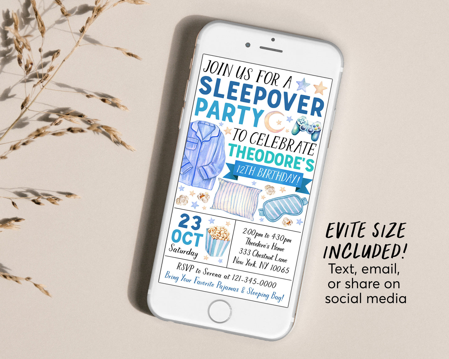 Sleepover Birthday Invitation Editable Template, Slumber Party Party Invite, Kids Boy Tween Teen Pajamas Gaming Popcorn Sleep Over Evite