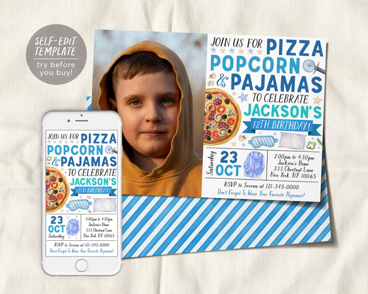 Pizza Popcorn Pajamas Birthday Invitation With Photo Editable Template