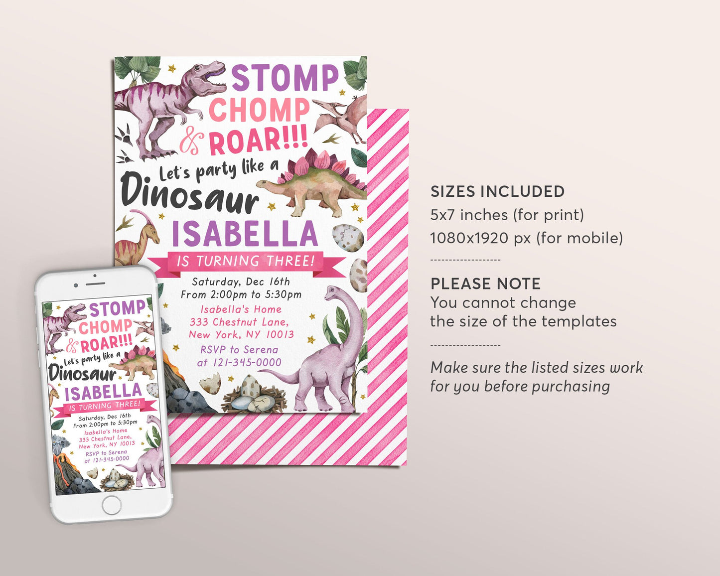 Dinosaur Birthday Party Invitation Editable Template, Pink Purple Dino Girl Birthday Invite Evite, Jurassic Party Printable Stomp Chomp Roar