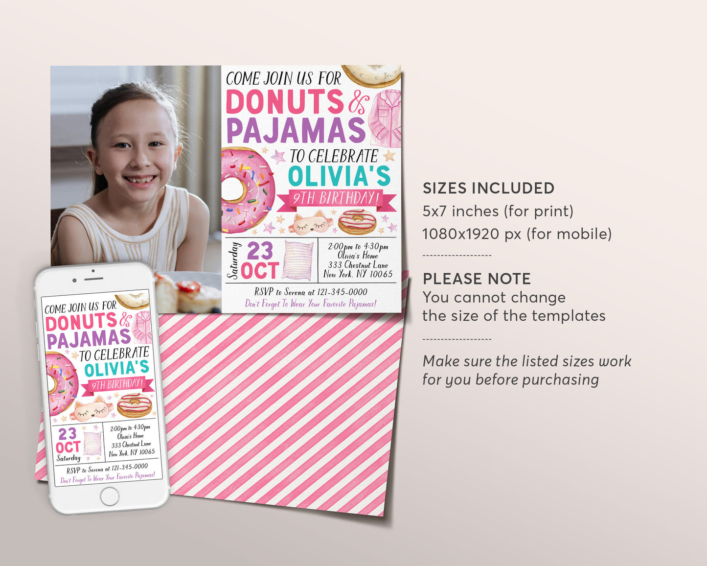 Donuts and Pajamas Birthday Invitation With Photo Editable Template, Girl Tween Donut Party Invite, Kids PJs Slumber Party Sleepover Evite