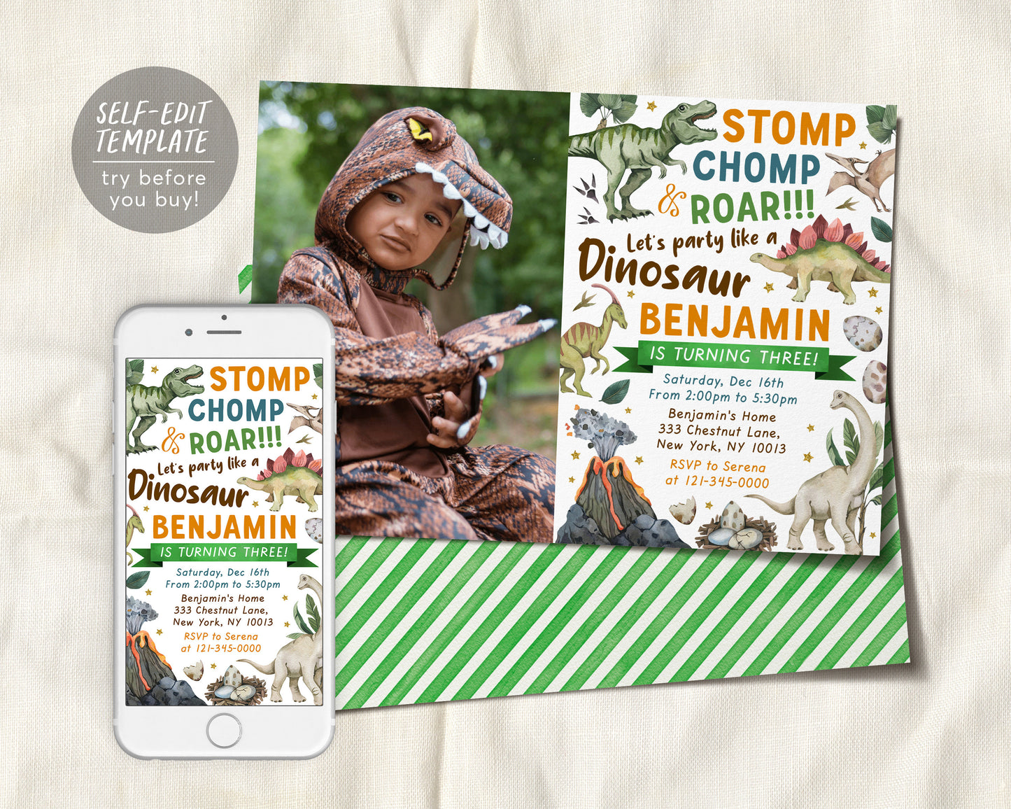 Dinosaur Birthday Party Invitation With Photo Editable Template