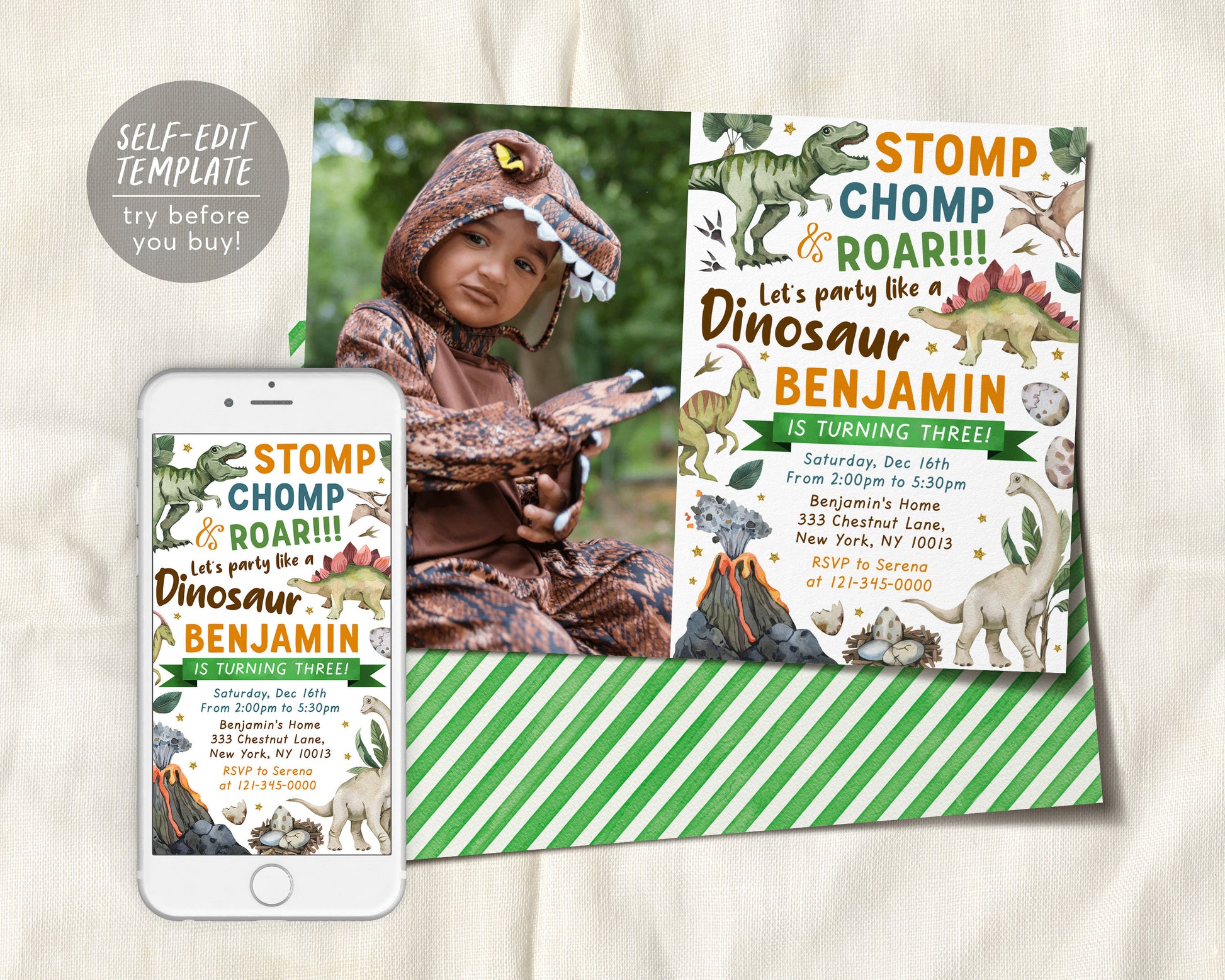 Dinosaur Birthday Party Invitation With Photo Editable Template