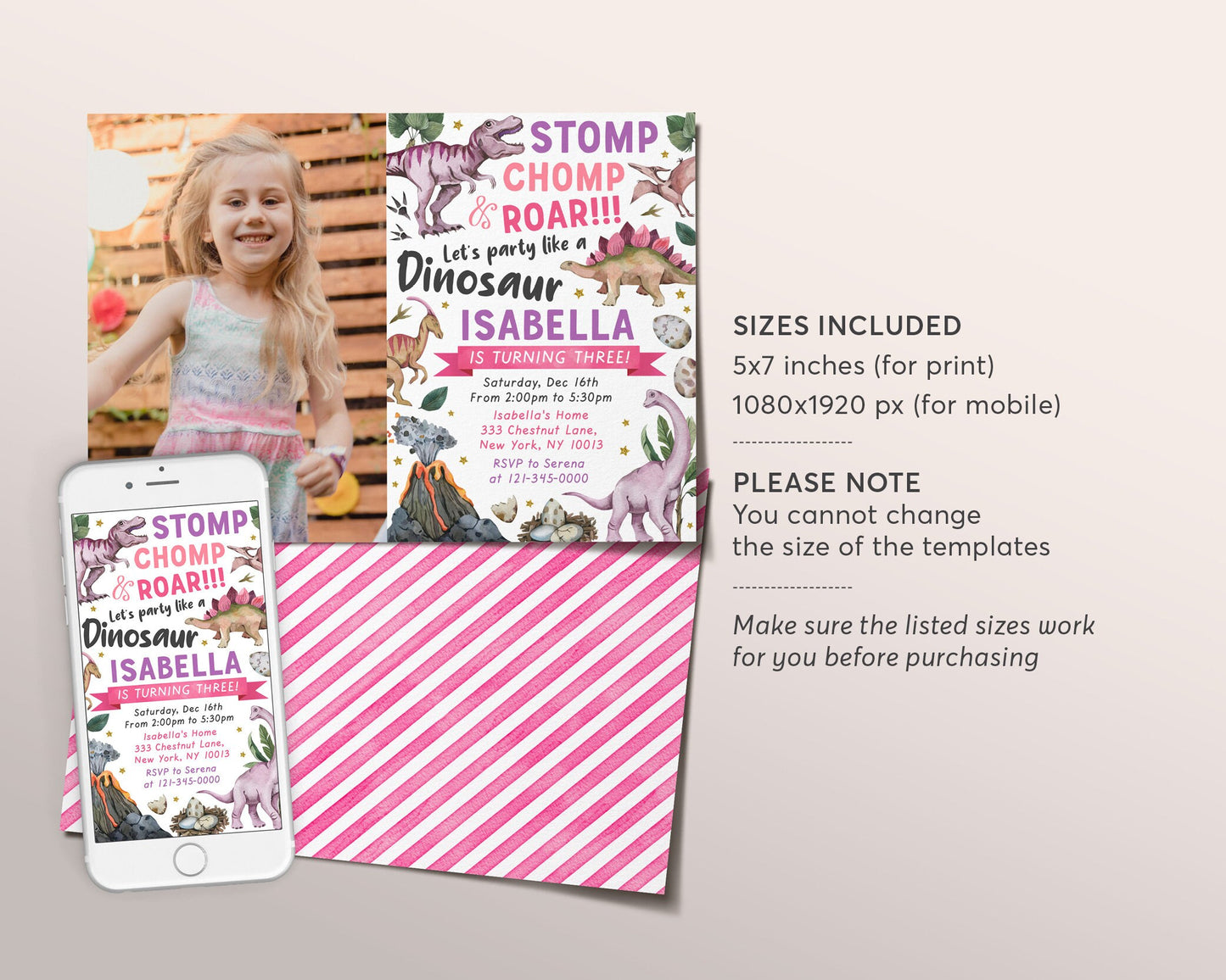 Dinosaur Birthday Party Invitation With Photo Editable Template, Pink Purple Dino Girl Invite Evite, Jurassic Printable Stomp Chomp Roar