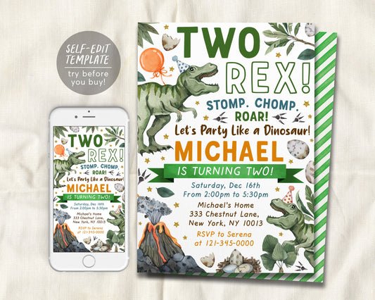 Two Rex Dinosaur Birthday Invitation Editable Template