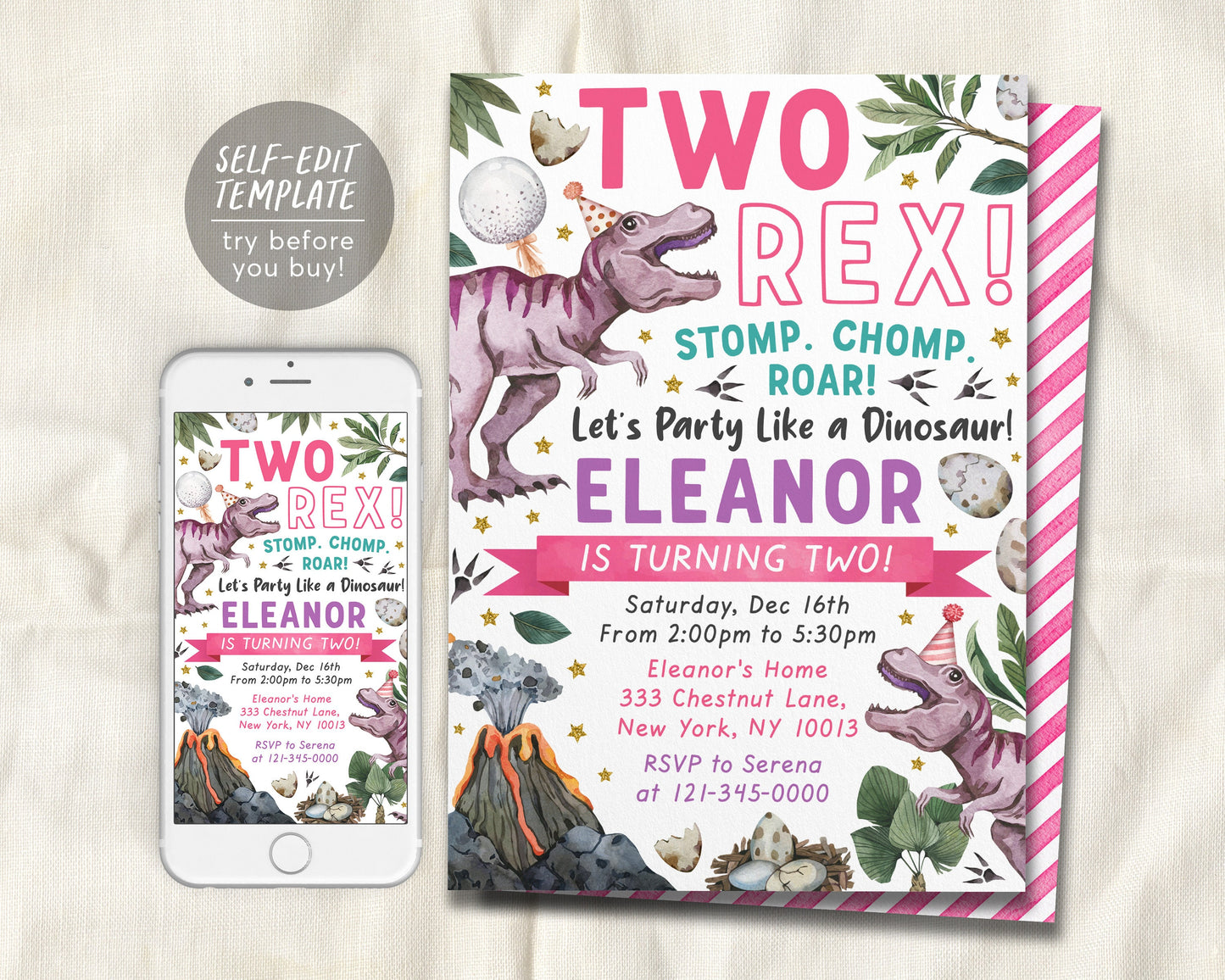 Two Rex Dinosaur Birthday Invitation Editable Template