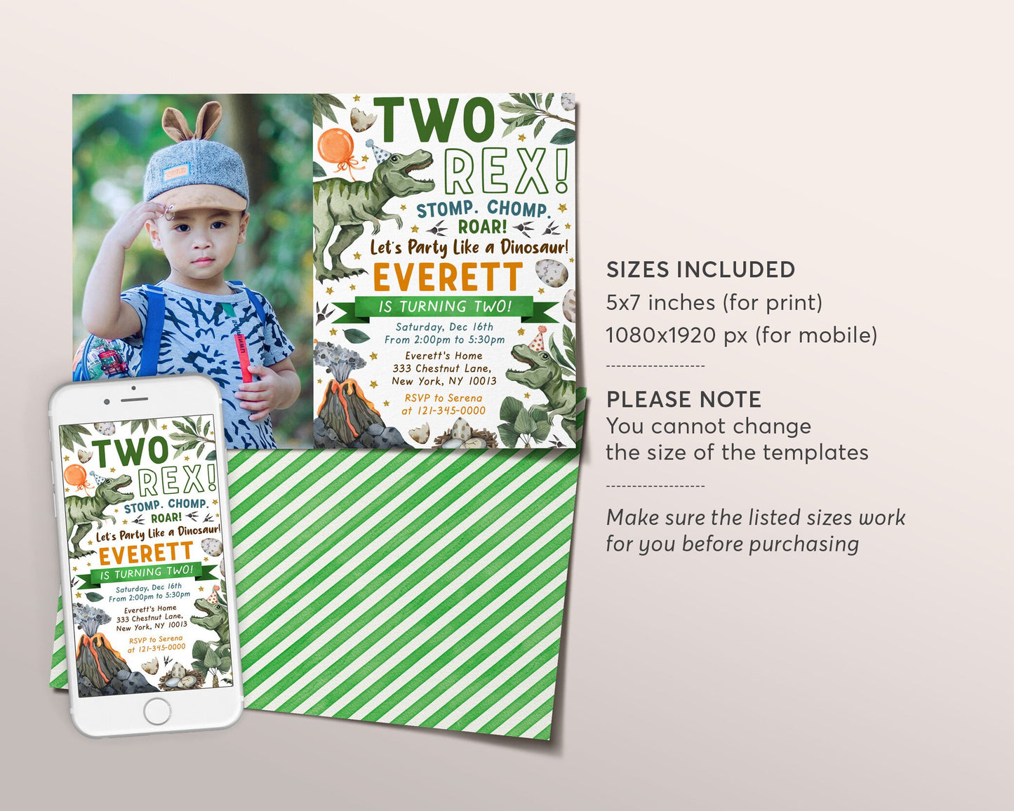 Two Rex Dinosaur Birthday Invitation With Photo Editable Template, T-Rex Dino Boy 2nd Birthday Party Invite Evite, Tyrannosaurus Jurassic