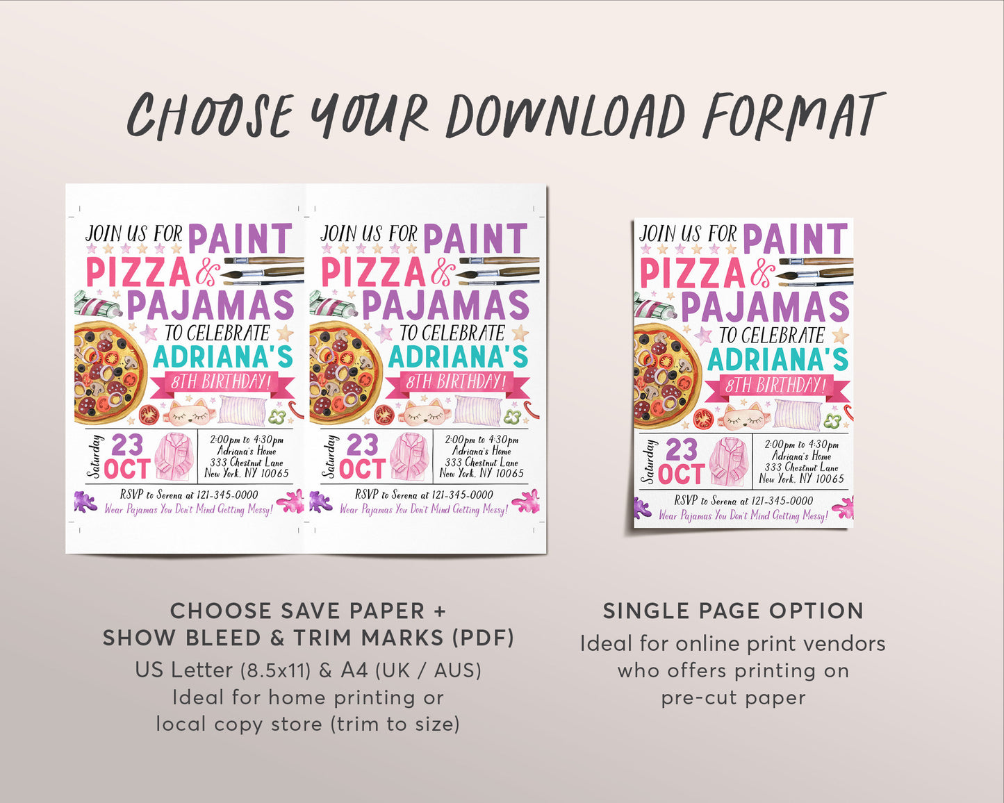 Paint Pizza and Pajamas Party Birthday Invitation Editable Template, Art Painting Party Evite, Girl Slumber Sleepover Party Dress for a Mess