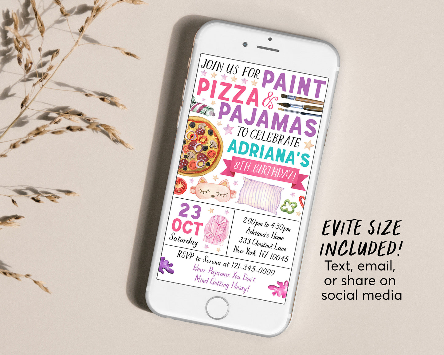 Paint Pizza and Pajamas Party Birthday Invitation Editable Template, Art Painting Party Evite, Girl Slumber Sleepover Party Dress for a Mess