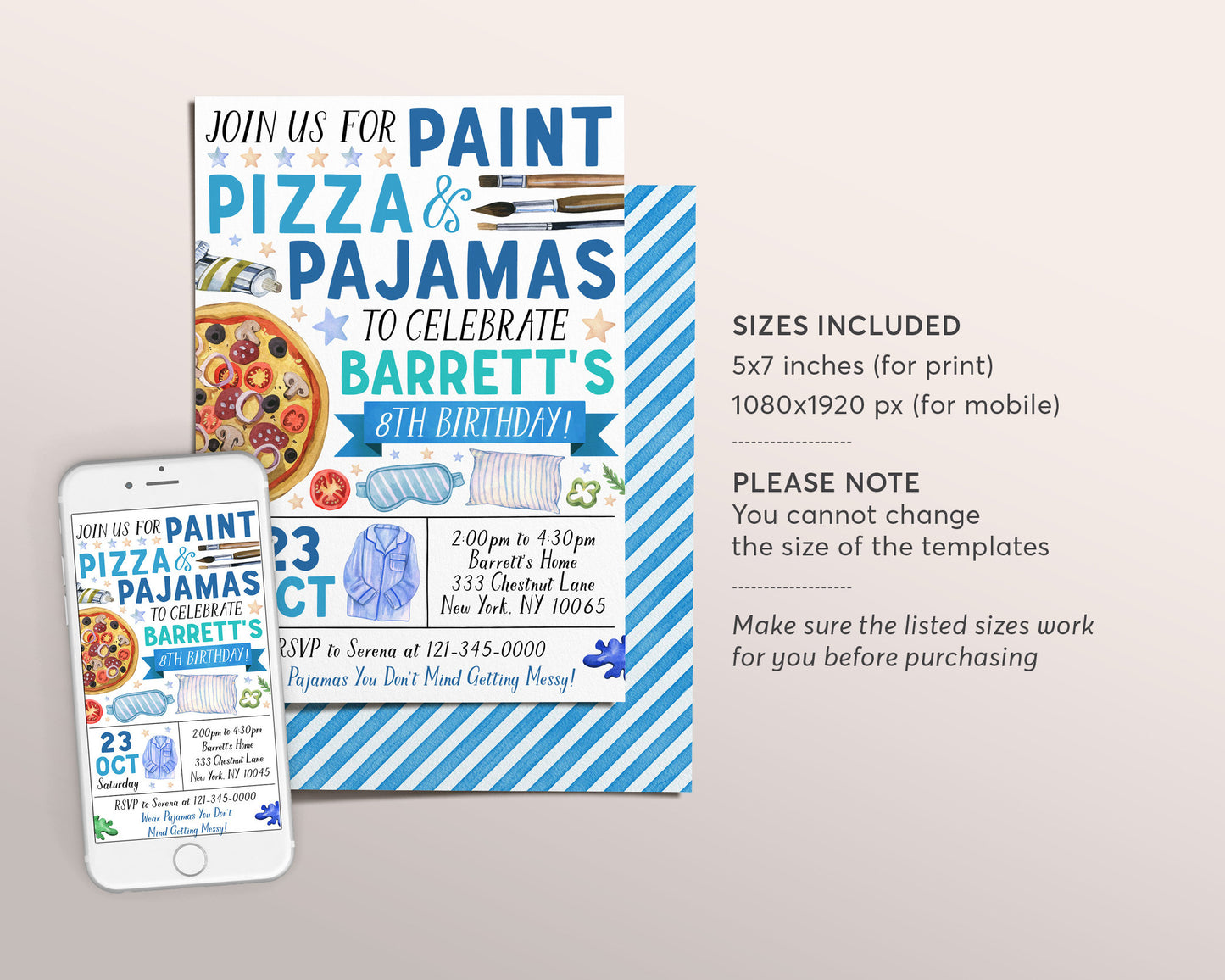 Paint Pizza and Pajamas Party Birthday Invitation Editable Template, Art Painting Party Evite, Boy Slumber Sleepover Party Dress for a Mess