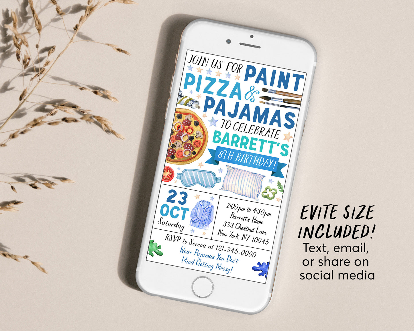 Paint Pizza and Pajamas Party Birthday Invitation Editable Template, Art Painting Party Evite, Boy Slumber Sleepover Party Dress for a Mess