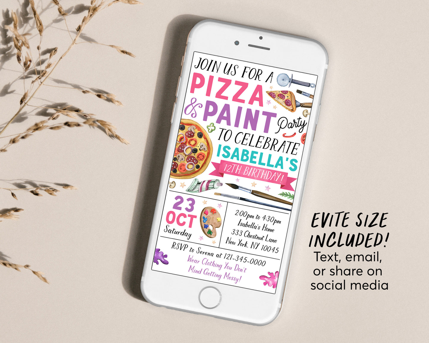 Pizza and Paint Party Birthday Invitation Editable Template, Girl Teen Tween Painting and Pizza Evite, Dress for a Mess, Art Painting Party