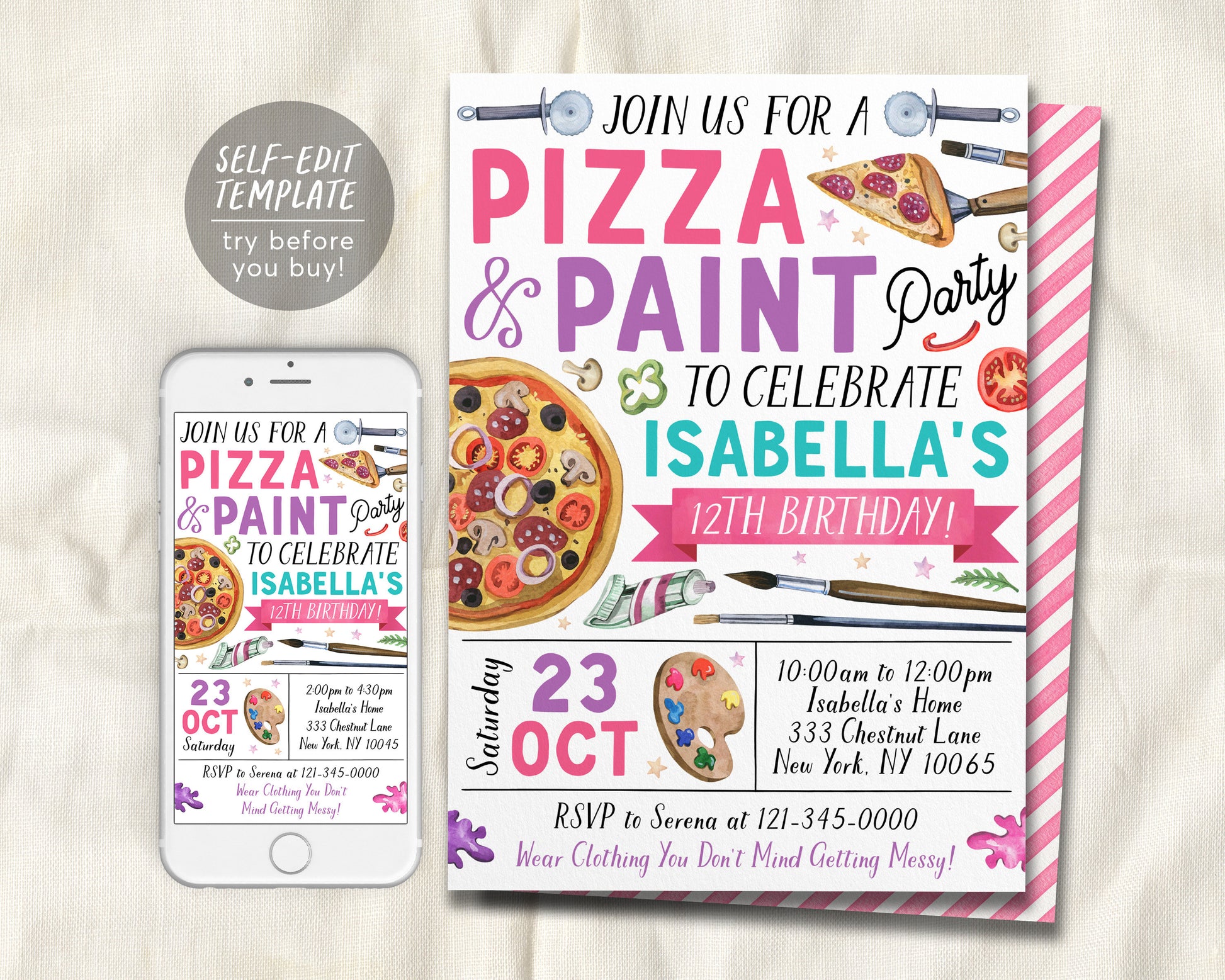 Pizza and Paint Party Birthday Invitation Editable Template