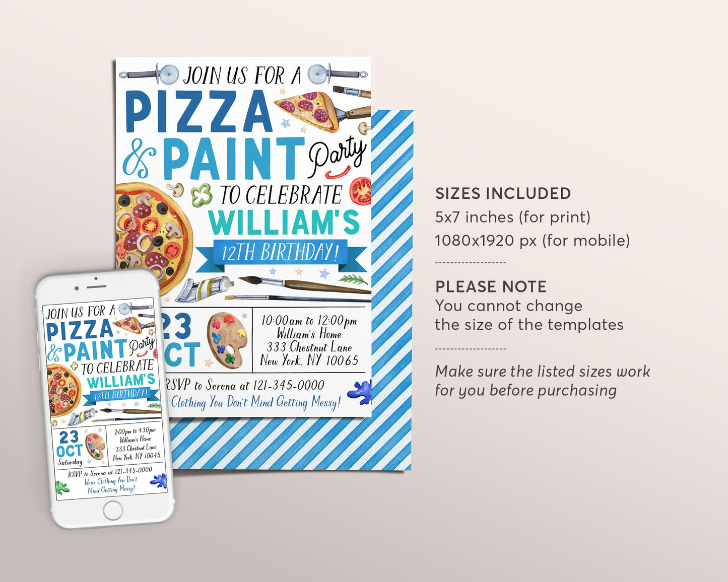 Pizza and Paint Party Birthday Invitation Editable Template, Boy Teen Tween Painting and Pizza Evite, Dress for a Mess, Art Painting Party