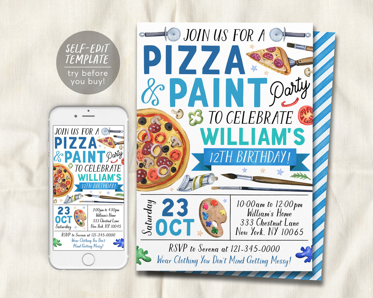 Pizza and Paint Party Birthday Invitation Editable Template