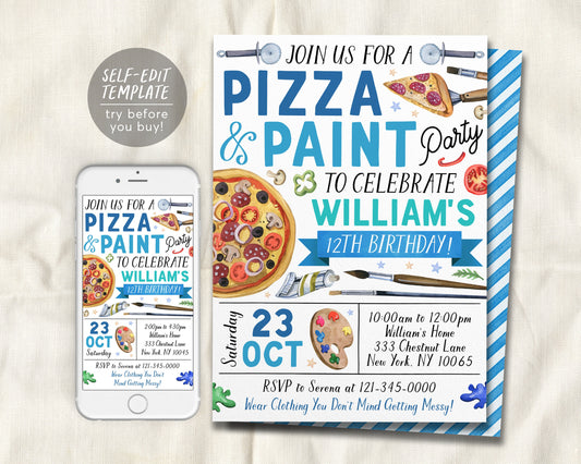 Pizza and Paint Party Birthday Invitation Editable Template