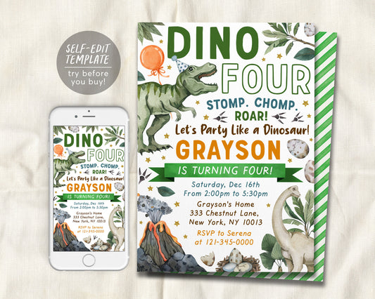 Dino Four Dinosaur Birthday Invitation Editable Template