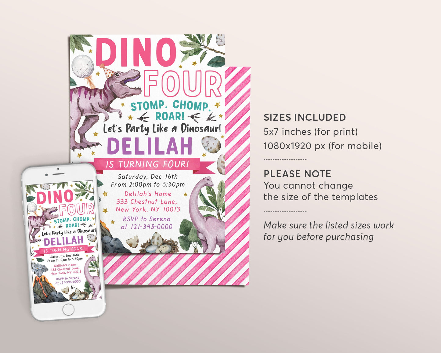 Dino Four Dinosaur Birthday Invitation Editable Template, T-Rex Pink Dino Girl Fourth 4th Birthday Party Invite Evite, Tyrannosaurus