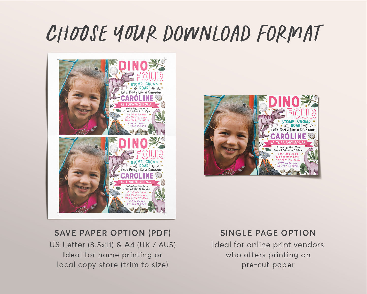 Dino Four Dinosaur Birthday Invitation With Photo Editable Template, T-Rex Pink Dino Girl 4th Birthday Party Invite Evite, Tyrannosaurus