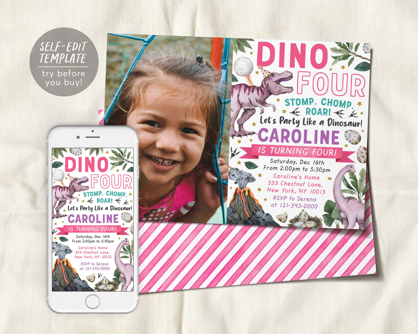 Dino Four Dinosaur Birthday Invitation With Photo Editable Template