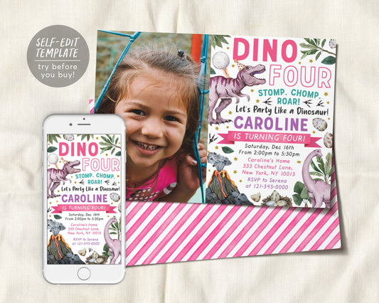 Dino Four Dinosaur Birthday Invitation With Photo Editable Template