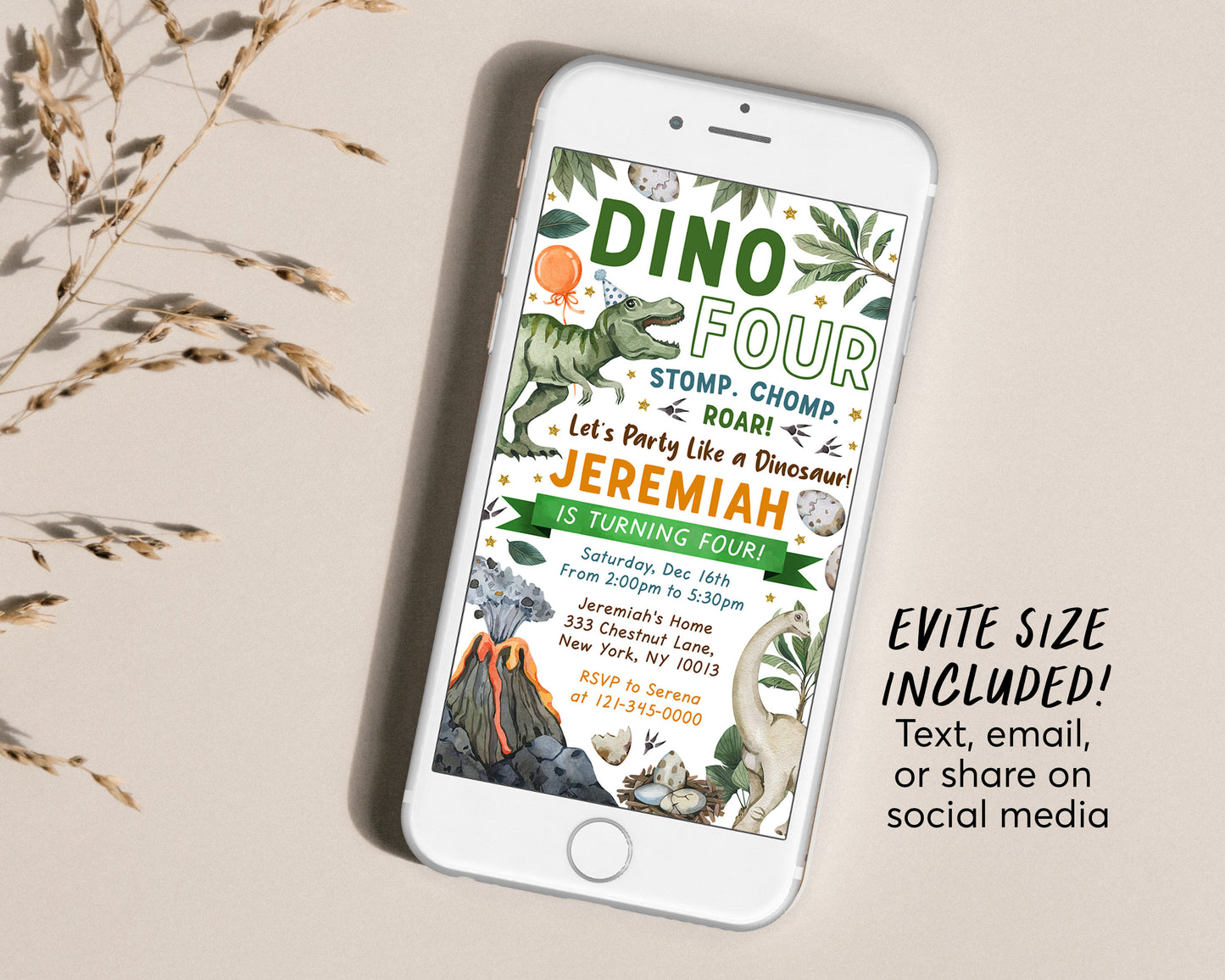 Dino Four Dinosaur Birthday Invitation With Photo Editable Template, T-Rex Dino Boy 4th Birthday Party Invite Evite, Tyrannosaurus Jurassic