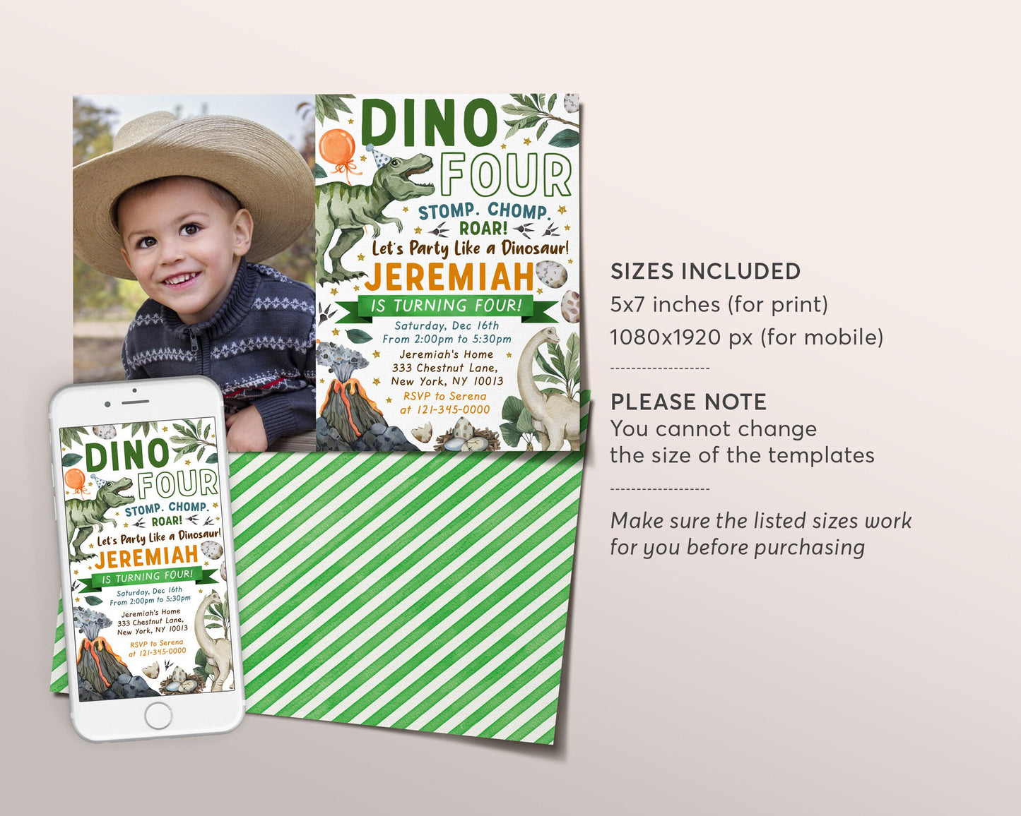 Dino Four Dinosaur Birthday Invitation With Photo Editable Template, T-Rex Dino Boy 4th Birthday Party Invite Evite, Tyrannosaurus Jurassic