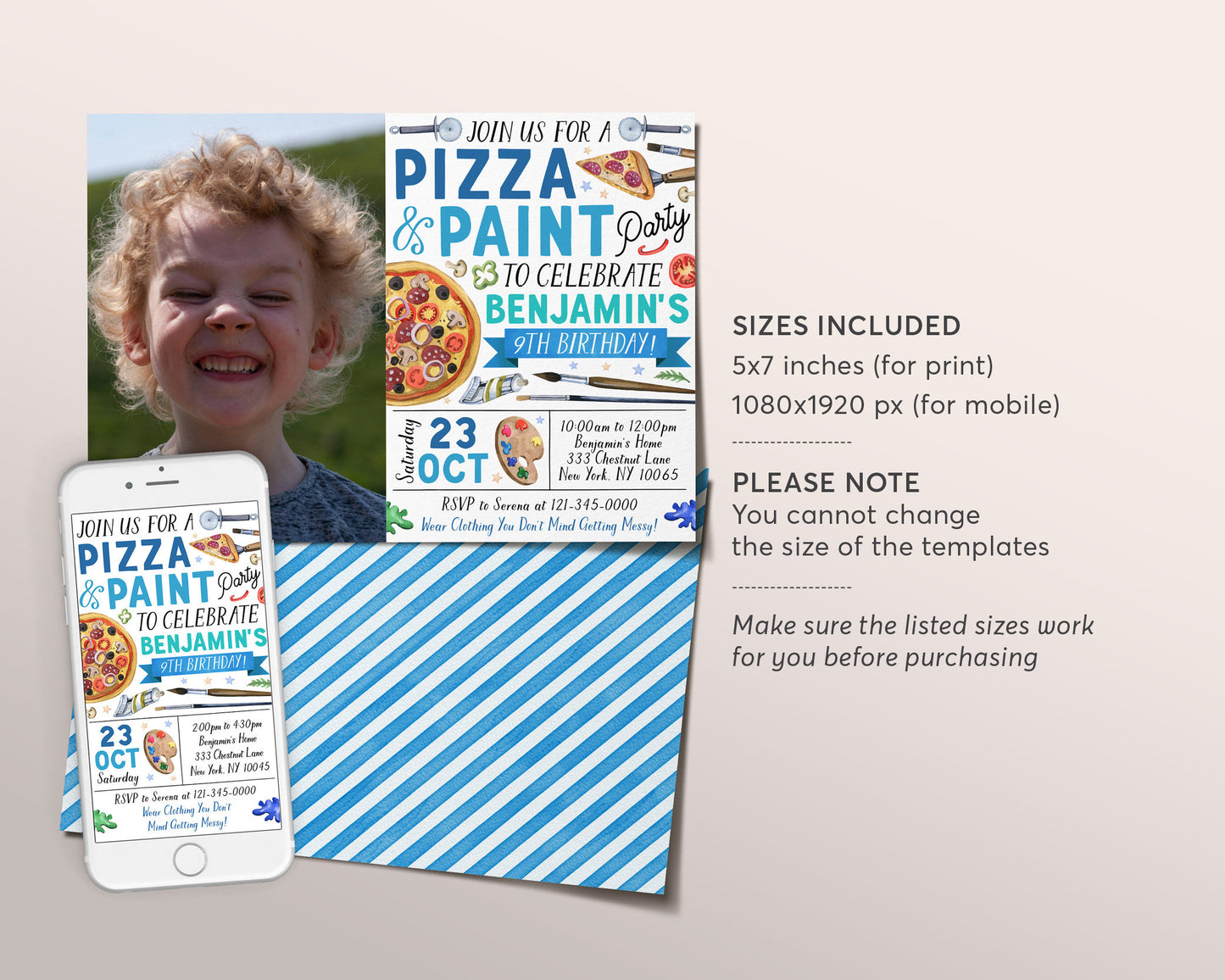 Pizza and Paint Party Birthday Invitation With Photo Editable Template, Boy Teen Tween Painting and Pizza Evite, Dress for a Mess, Painting