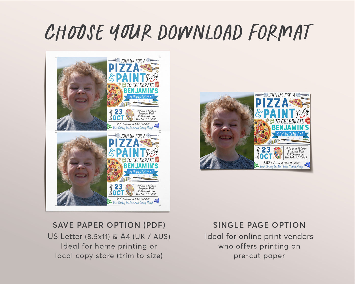 Pizza and Paint Party Birthday Invitation With Photo Editable Template, Boy Teen Tween Painting and Pizza Evite, Dress for a Mess, Painting