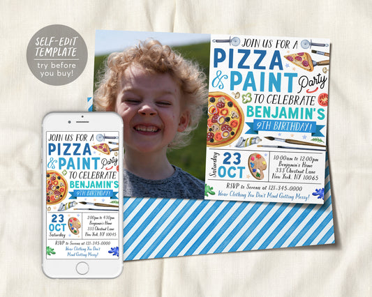 Pizza and Paint Party Birthday Invitation With Photo Editable Template