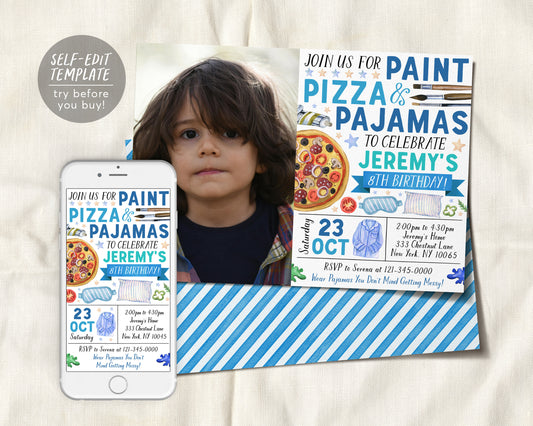Paint Pizza and Pajamas Party Birthday Invitation With Photo Editable Template