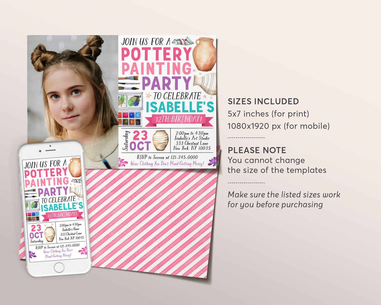 Pottery Party Invitation With Photo Editable Template, Pottery Painting Party Invite, Girl Art Paint Craft Evite, Ceramics Studio Kids Tween