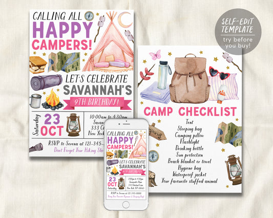 Girl Camping Birthday Invitation Editable Template