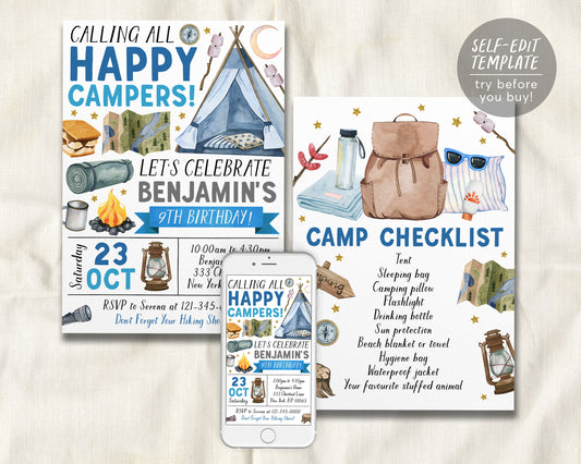 Boy Camping Birthday Invitation Editable Template