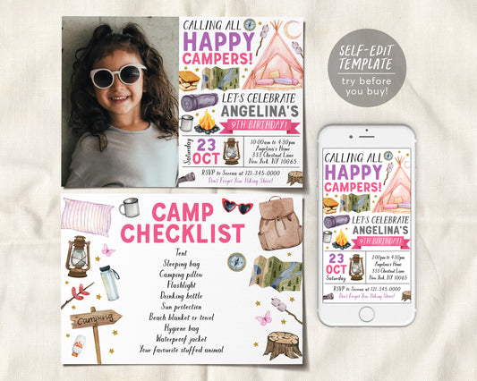 Girl Camping Birthday Invitation With Photo Editable Template