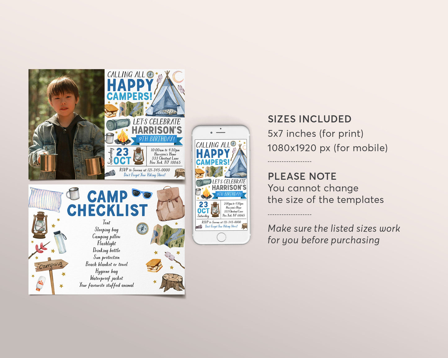 Boy Camping Birthday Invitation With Photo Editable Template, Outdoor Camp Out Party Invite, Unisex Camp Checklist, Kids Tent Hiking Evite