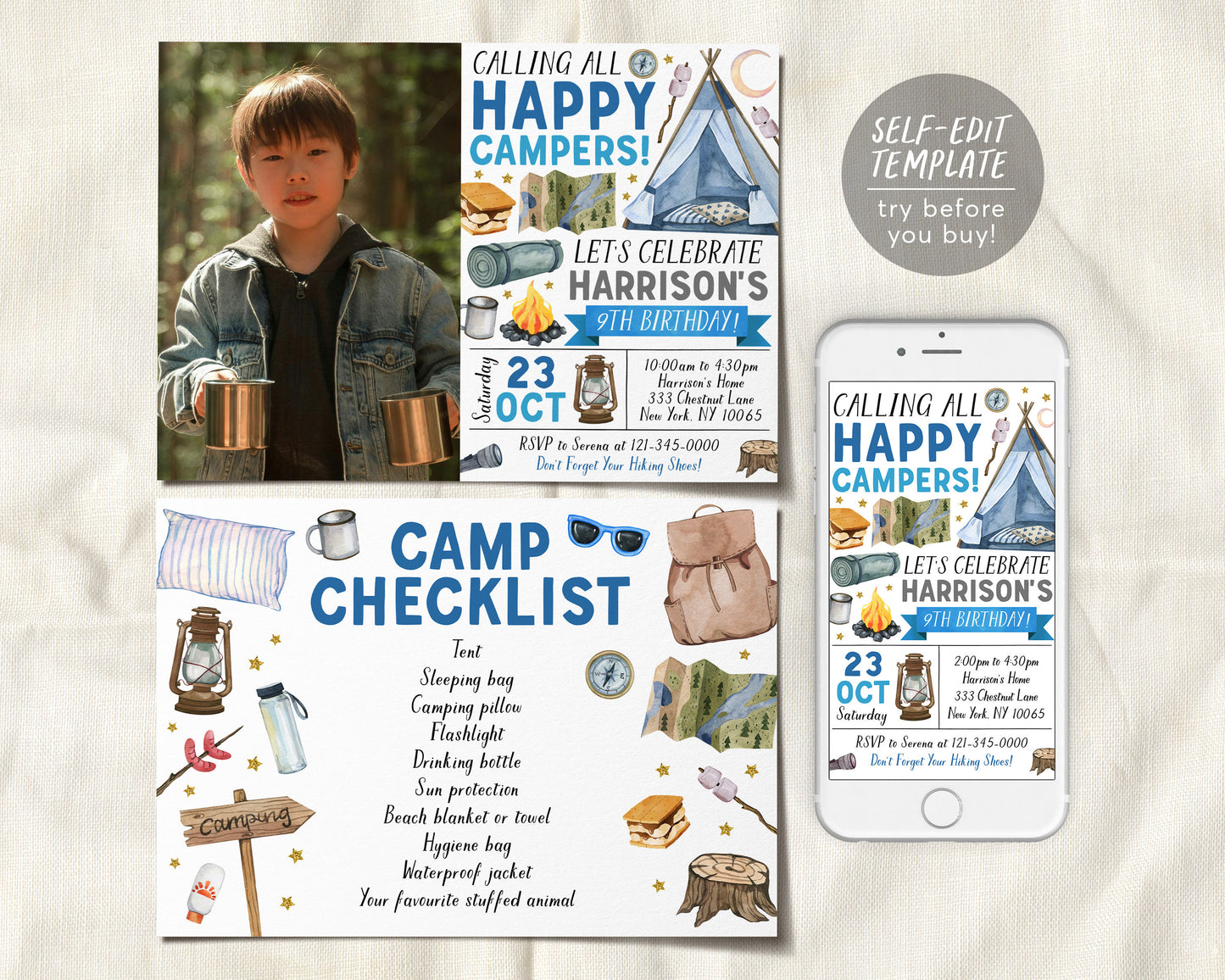 Boy Camping Birthday Invitation With Photo Editable Template