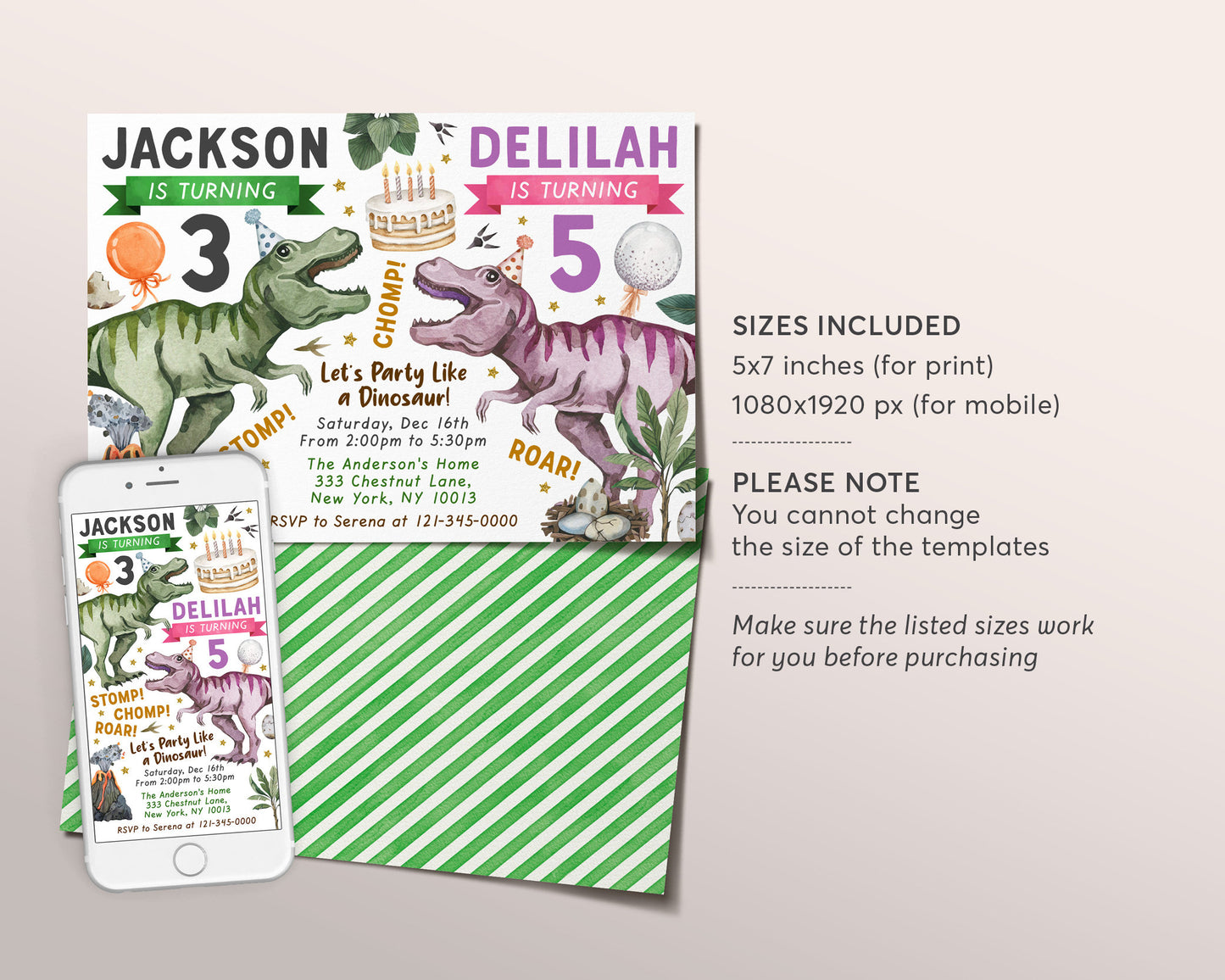 Sibling Dinosaur Birthday Invitation Editable Template, Dinosaur Double Birthday Party Invite, Twins Boy And Girl Joint Party Dino T-Rex