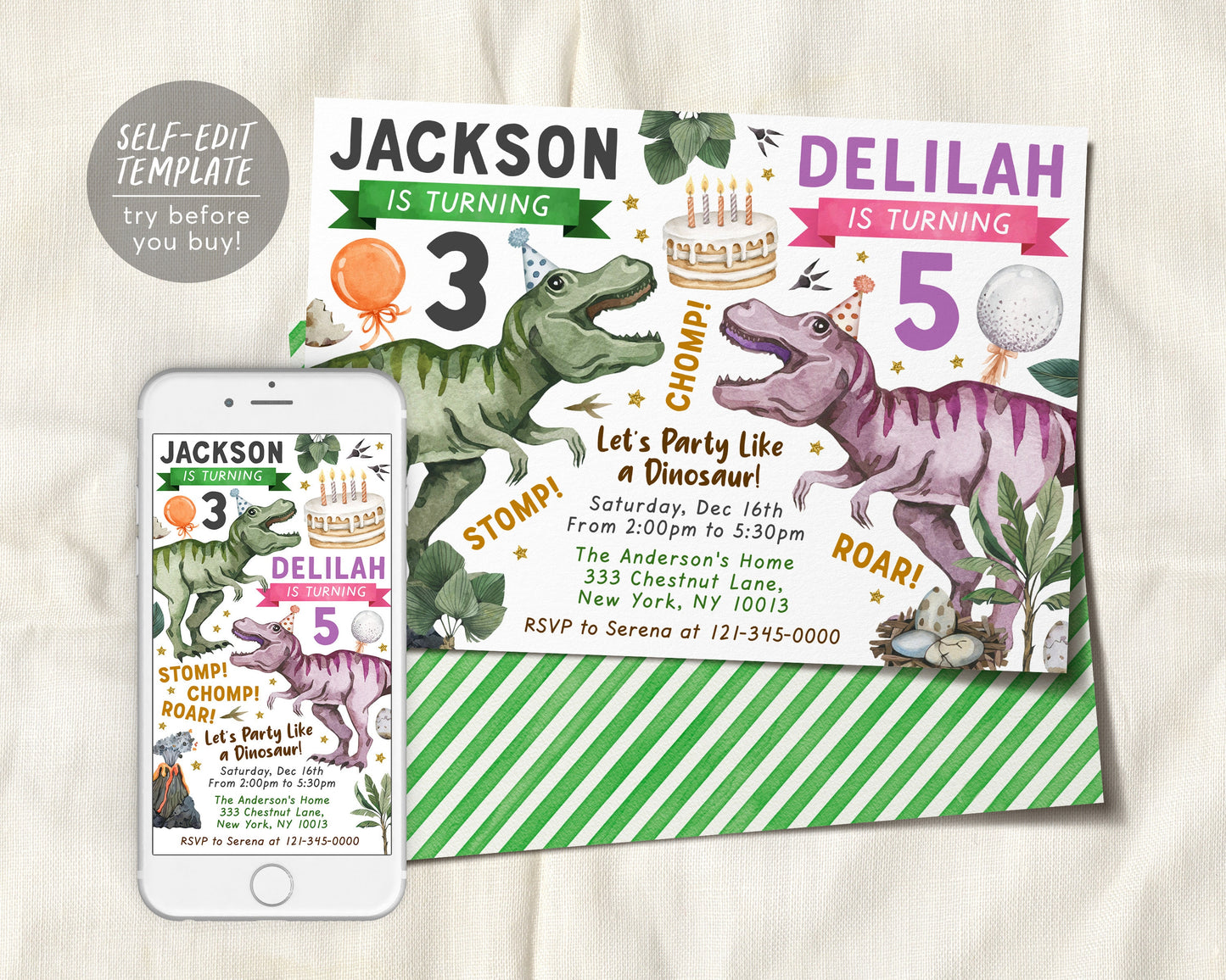 Sibling Dinosaur Birthday Invitation Editable Template