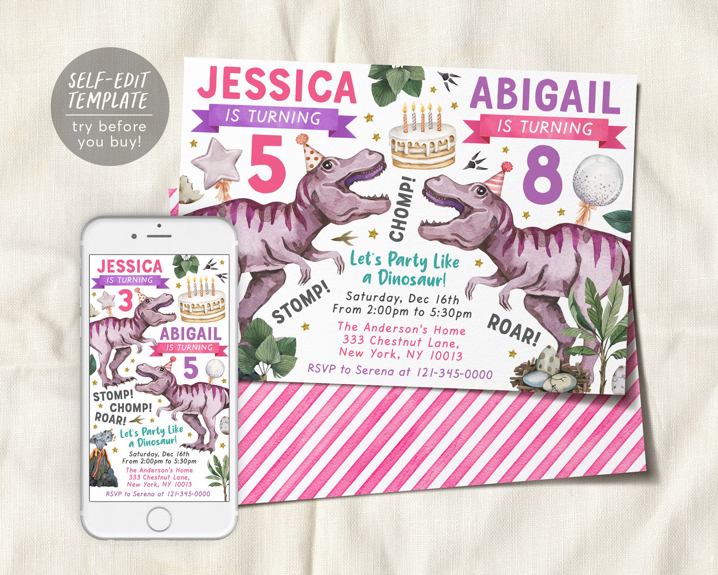 Sibling Dinosaur Birthday Invitation Editable Template