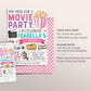 Movie Birthday Invitation Editable Template, Girl Pop On Over Cinema Movie Ticket Invite, Movie Night Kids Party Evite, Popcorn And Movies