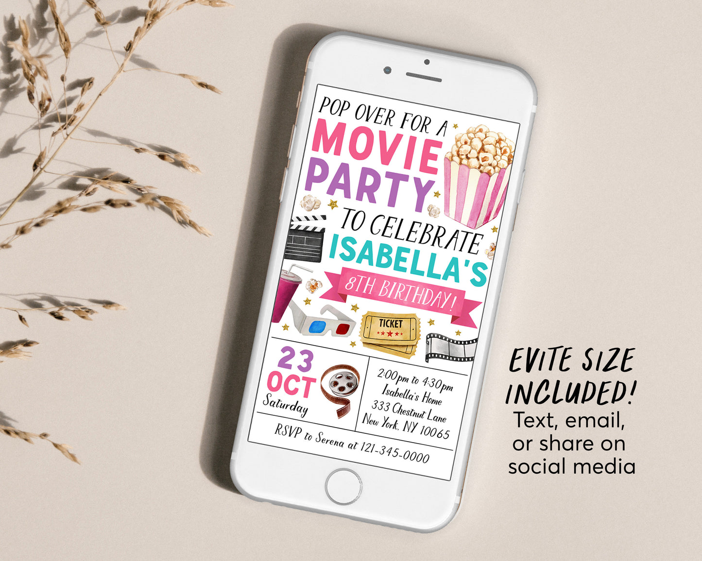 Movie Birthday Invitation Editable Template, Girl Pop On Over Cinema Movie Ticket Invite, Movie Night Kids Party Evite, Popcorn And Movies